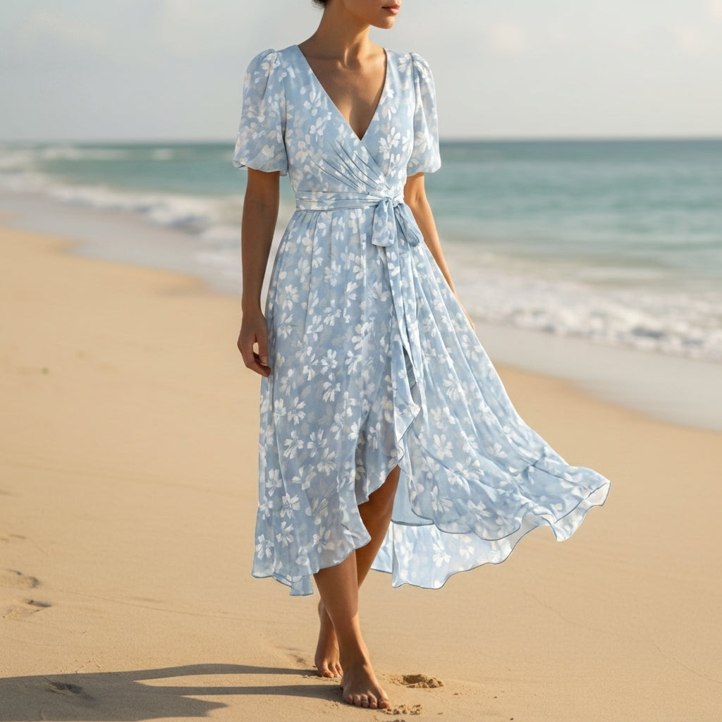 Women's Floral Wrap Midi Dress Chiffon Blend Flutter Sleeves – Elise