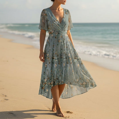 Women's Floral Wrap Midi Dress Chiffon Blend Flutter Sleeves – Elise
