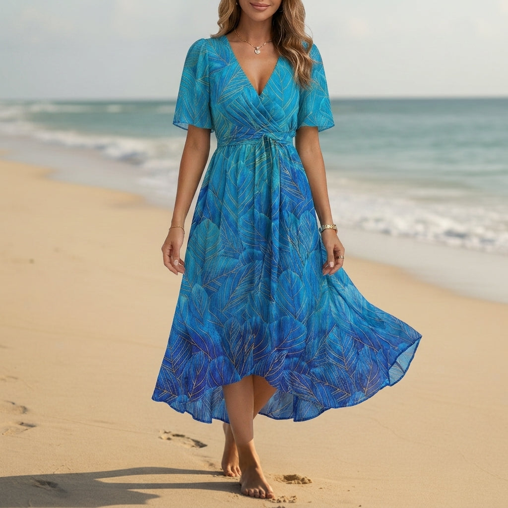 Women's Floral Wrap Midi Dress Chiffon Blend Flutter Sleeves – Elise