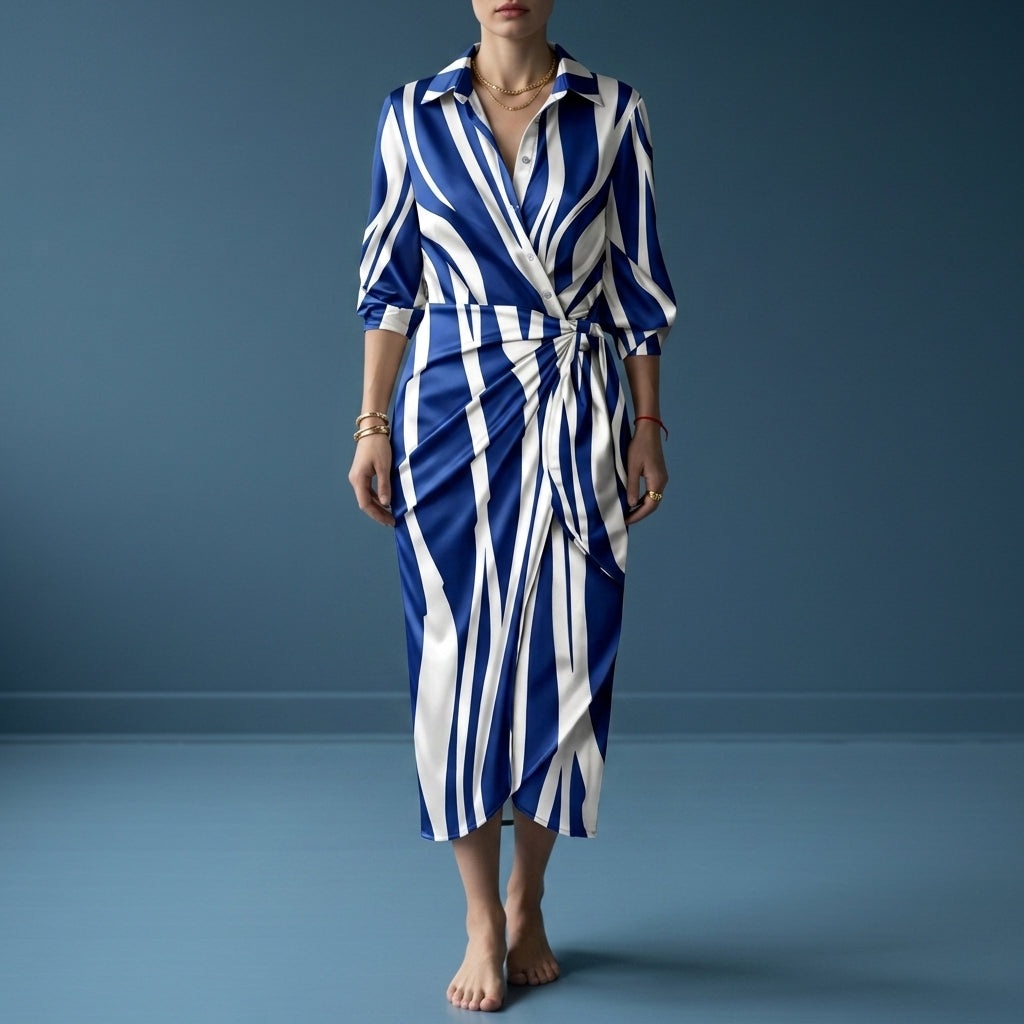 Women's Wrap Maxi Dress Satin Look Geometric Print Shirt Collar – Celeste