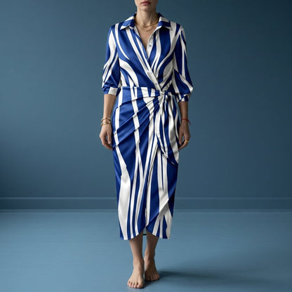 Women's Wrap Maxi Dress Satin Look Geometric Print Shirt Collar – Celeste