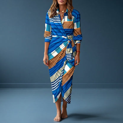 Women's Wrap Maxi Dress Satin Look Geometric Print Shirt Collar – Celeste