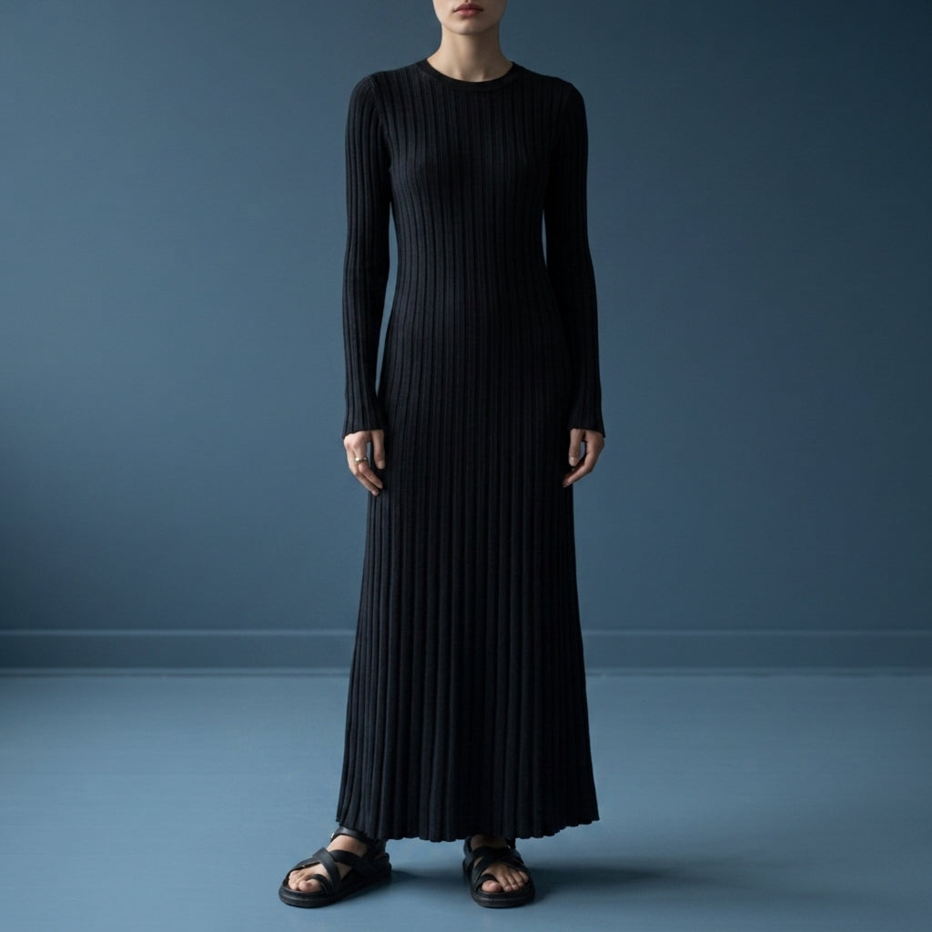 Women's Ribbed Knit Maxi Dress Slim Fit Vertical Lines – Elara