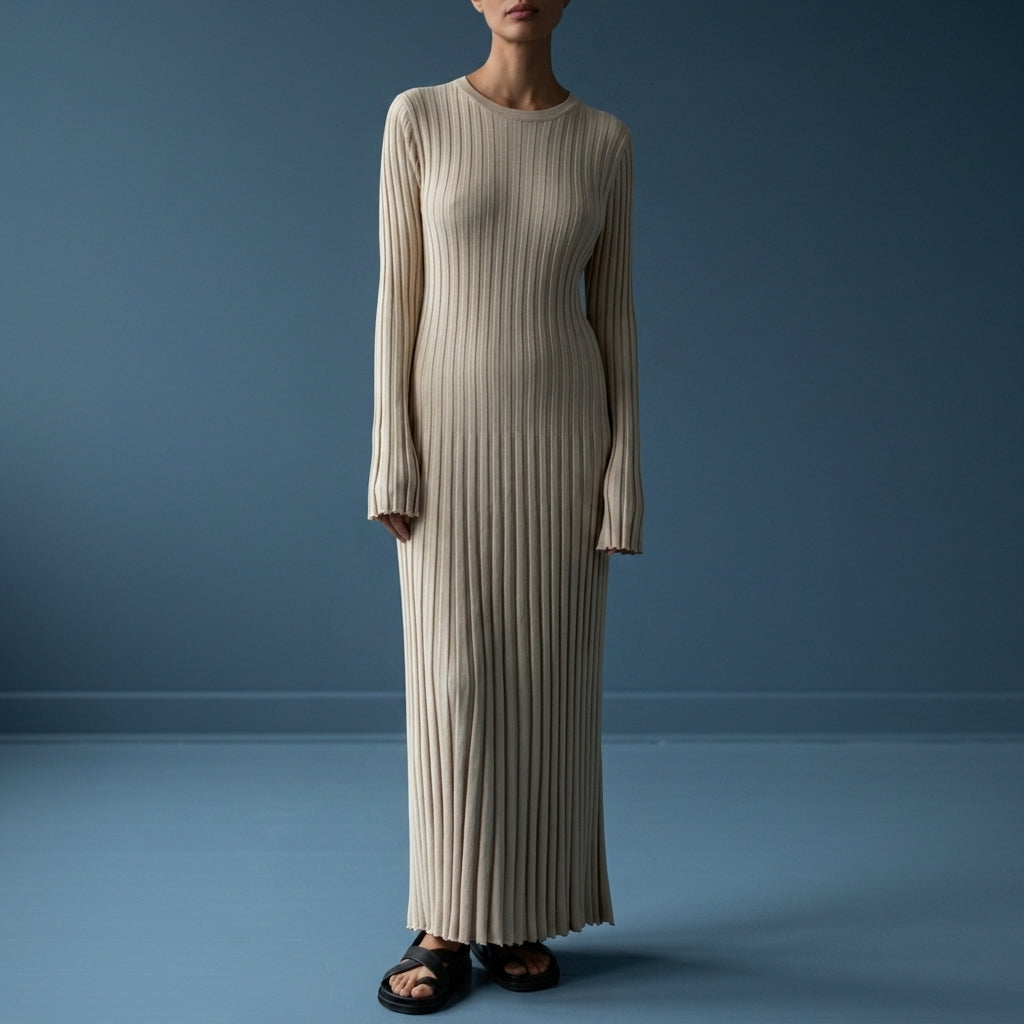 Women's Ribbed Knit Maxi Dress Slim Fit Vertical Lines – Elara