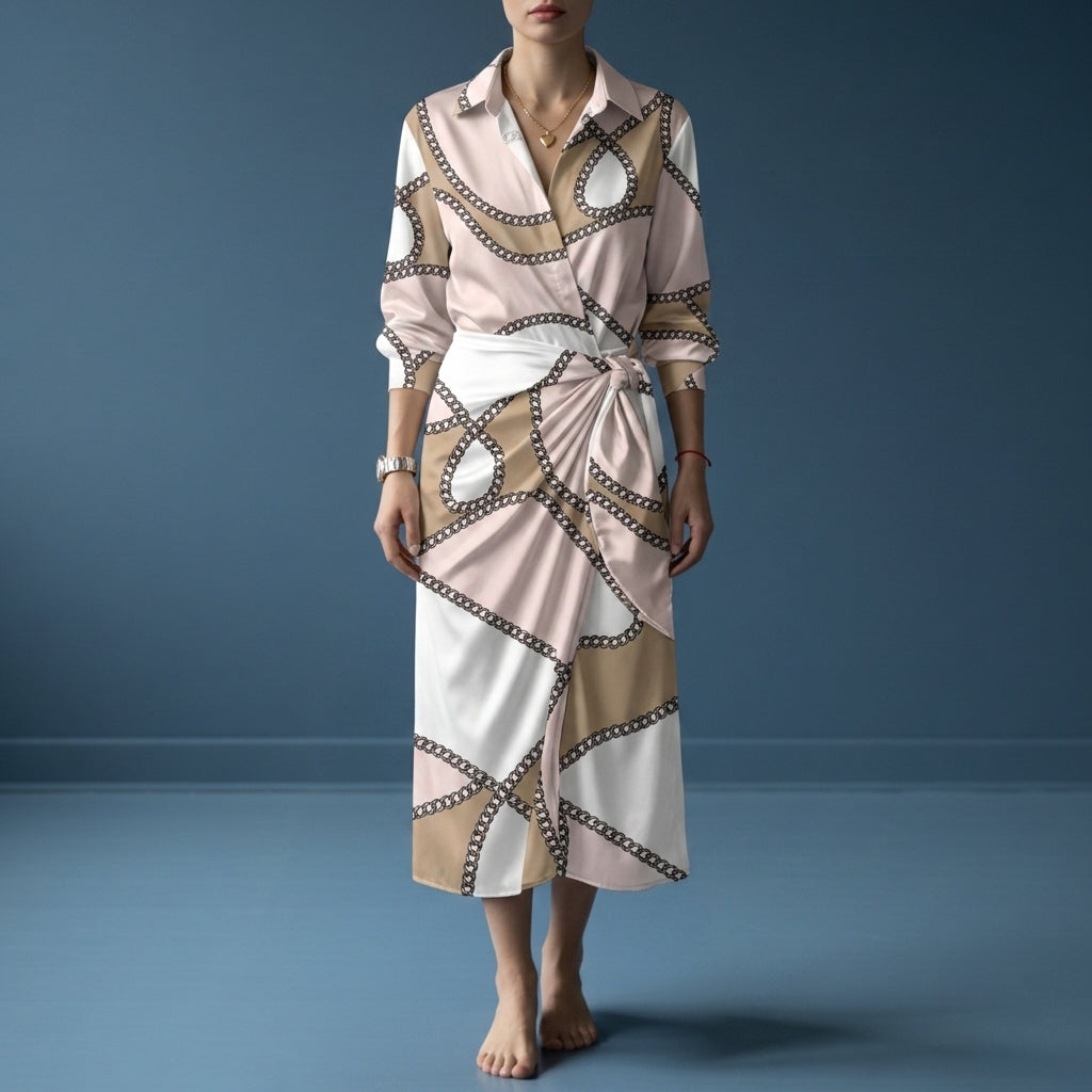 Women's Wrap Maxi Dress Satin Look Geometric Print Shirt Collar – Celeste