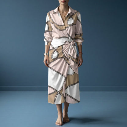 Women's Wrap Maxi Dress Satin Look Geometric Print Shirt Collar – Celeste