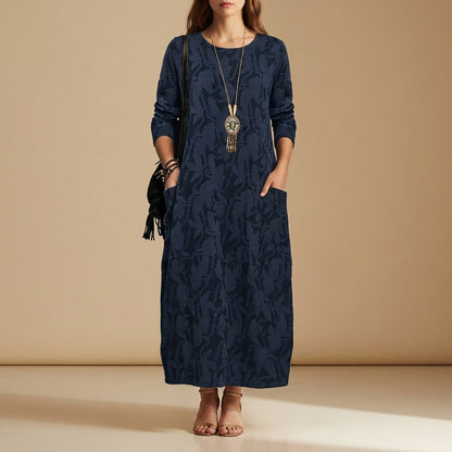 Women's Jacquard Midi Dress Long Sleeve Leaf Pattern – Elara