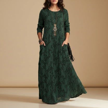 Women's Jacquard Midi Dress Long Sleeve Leaf Pattern – Elara