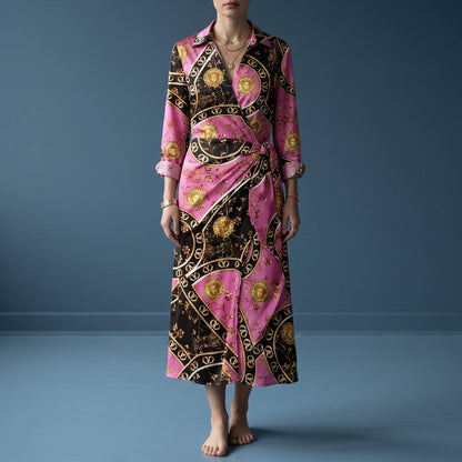 Women's Wrap Maxi Dress Satin Look Geometric Print Shirt Collar – Celeste