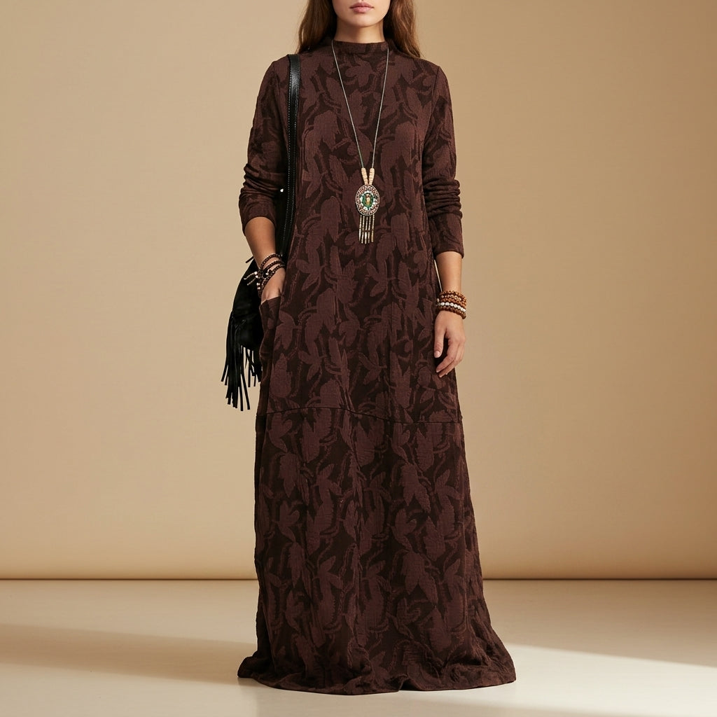 Women's Jacquard Midi Dress Long Sleeve Leaf Pattern – Elara