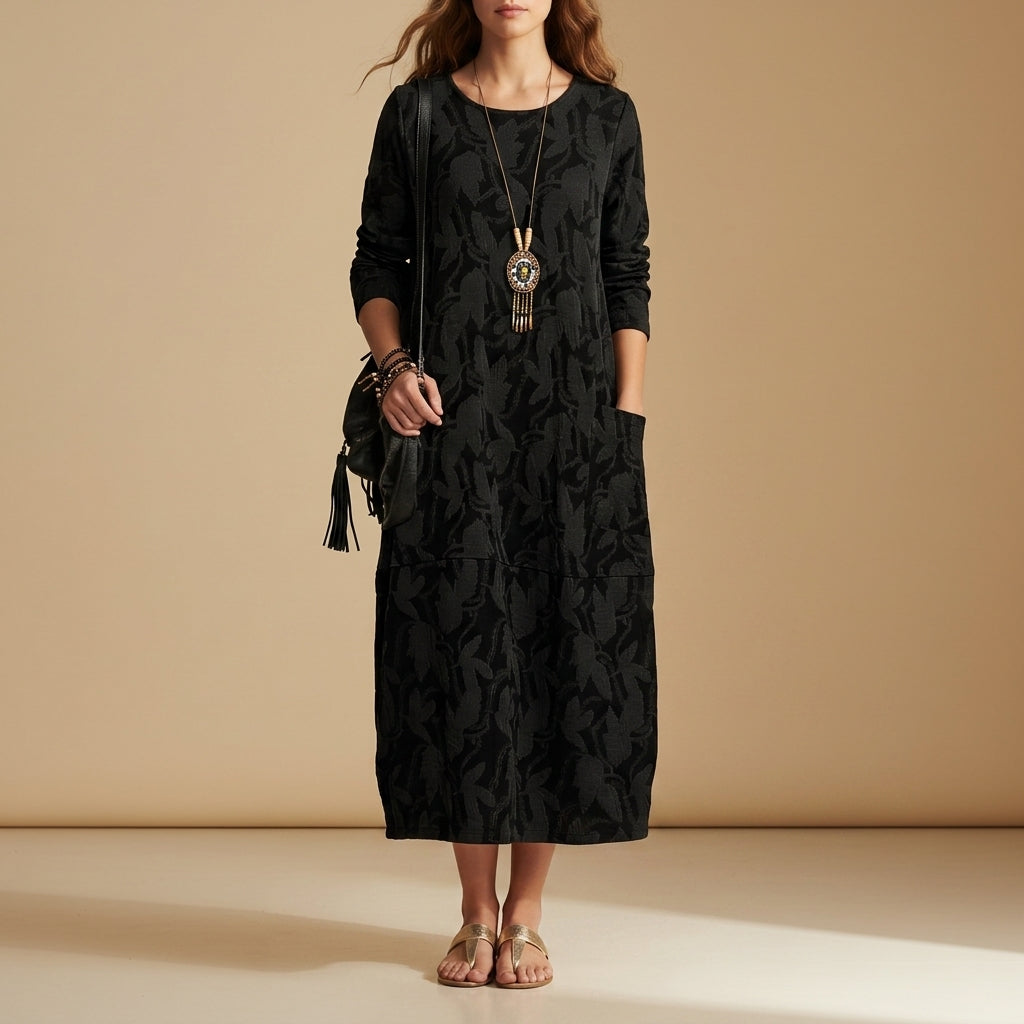 Women's Jacquard Midi Dress Long Sleeve Leaf Pattern – Elara