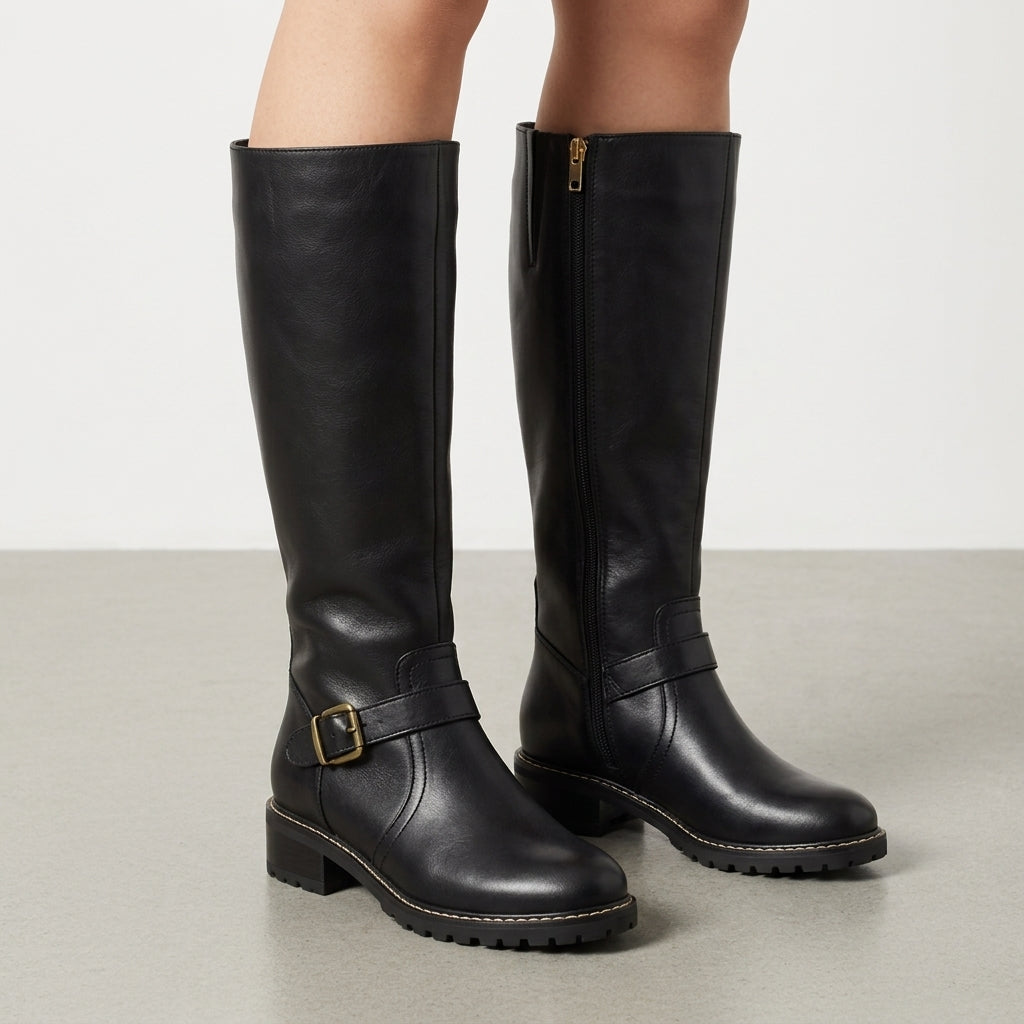 Women’s Knee Boots Orthopedic Comfort Faux Leather Buckle Detail – Valora