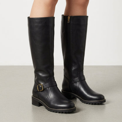 Women’s Knee Boots Orthopedic Comfort Faux Leather Buckle Detail – Valora
