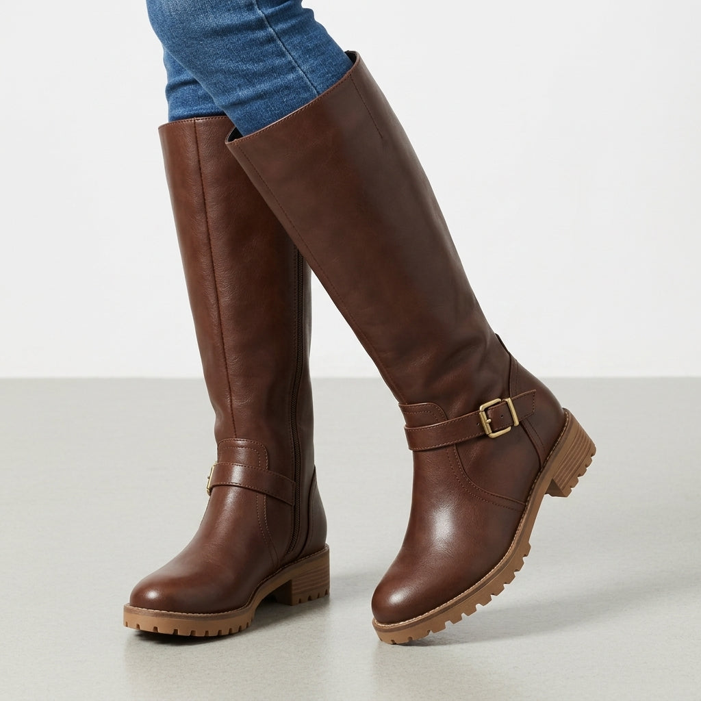 Women’s Knee Boots Orthopedic Comfort Faux Leather Buckle Detail – Valora
