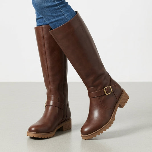 Women’s Knee Boots Orthopedic Comfort Faux Leather Buckle Detail – Valora