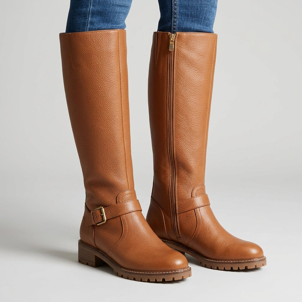 Women’s Knee Boots Orthopedic Comfort Faux Leather Buckle Detail – Valora