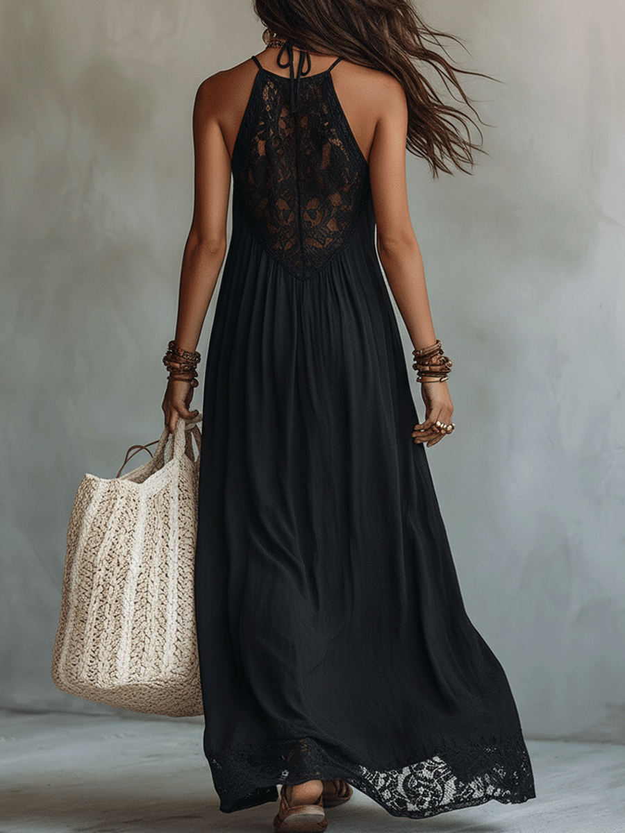 Robe maxi bohème chic sans manches à drapé doux pour soirée