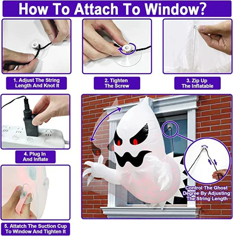4.6ft Inflatable Halloween Ghost with LED Lights for Windows – Outdoor Festive Halloween Decoration