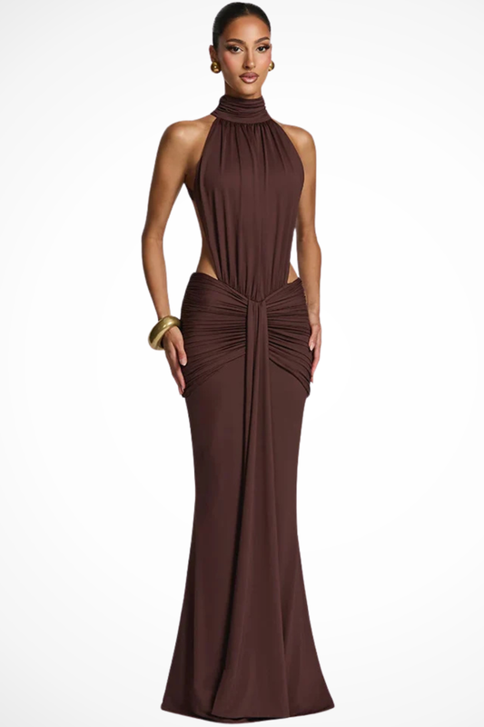 Valentinaa Women’s Summer High Neck Backless Ruched Wedding Guest Maxi Dress