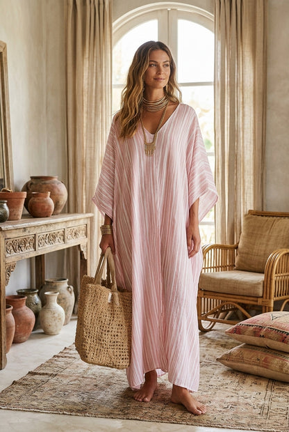 Robe kaftan rose pâle rayée de style bohème