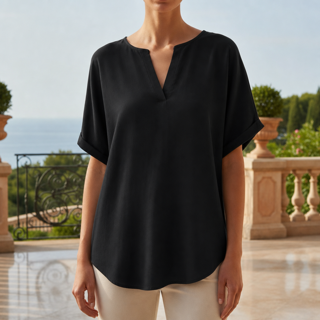 Women's Cotton Blend V-Neck Relaxed Blouse Short Sleeve – Alessia
