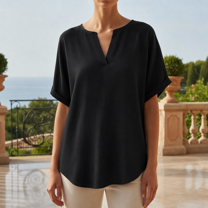Women's Cotton Blend V-Neck Relaxed Blouse Short Sleeve – Alessia