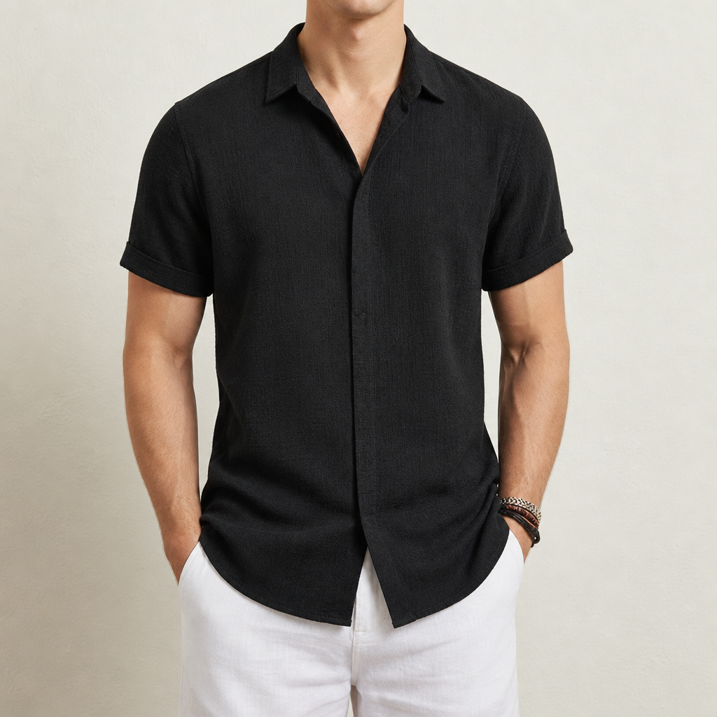 Short Sleeve Linen Blend Shirt Lightweight Lapel Collar – Mateo