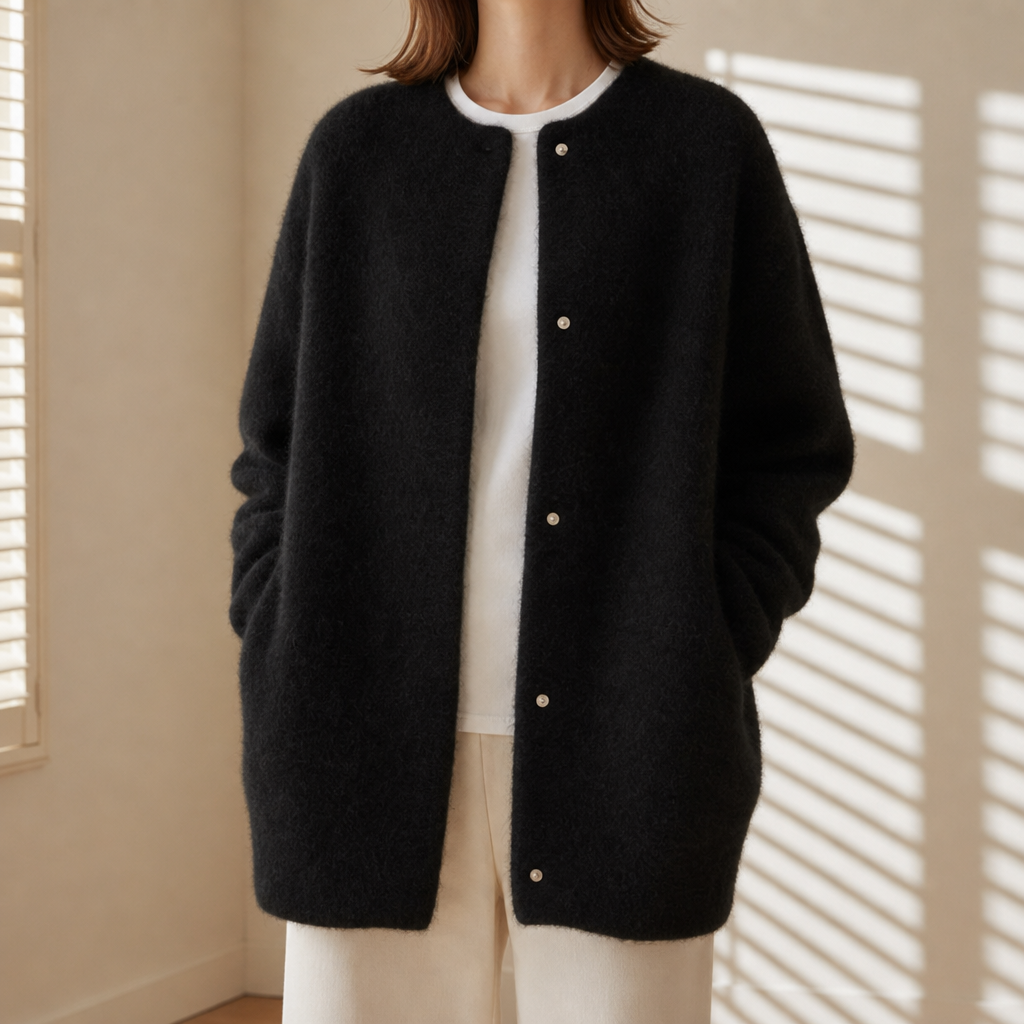 Oversized Wool Cardigan With Suede Accents Relaxed Open Front – Elara