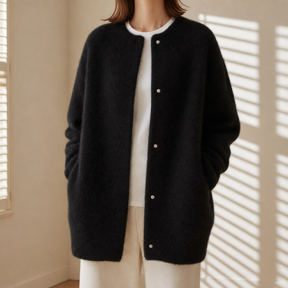 Oversized Wool Cardigan With Suede Accents Relaxed Open Front – Elara