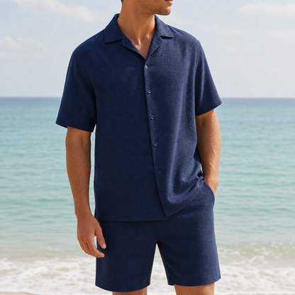 Matching Co-ord Set Textured Poly Blend Short Sleeve Shirt and Shorts – Marlowe