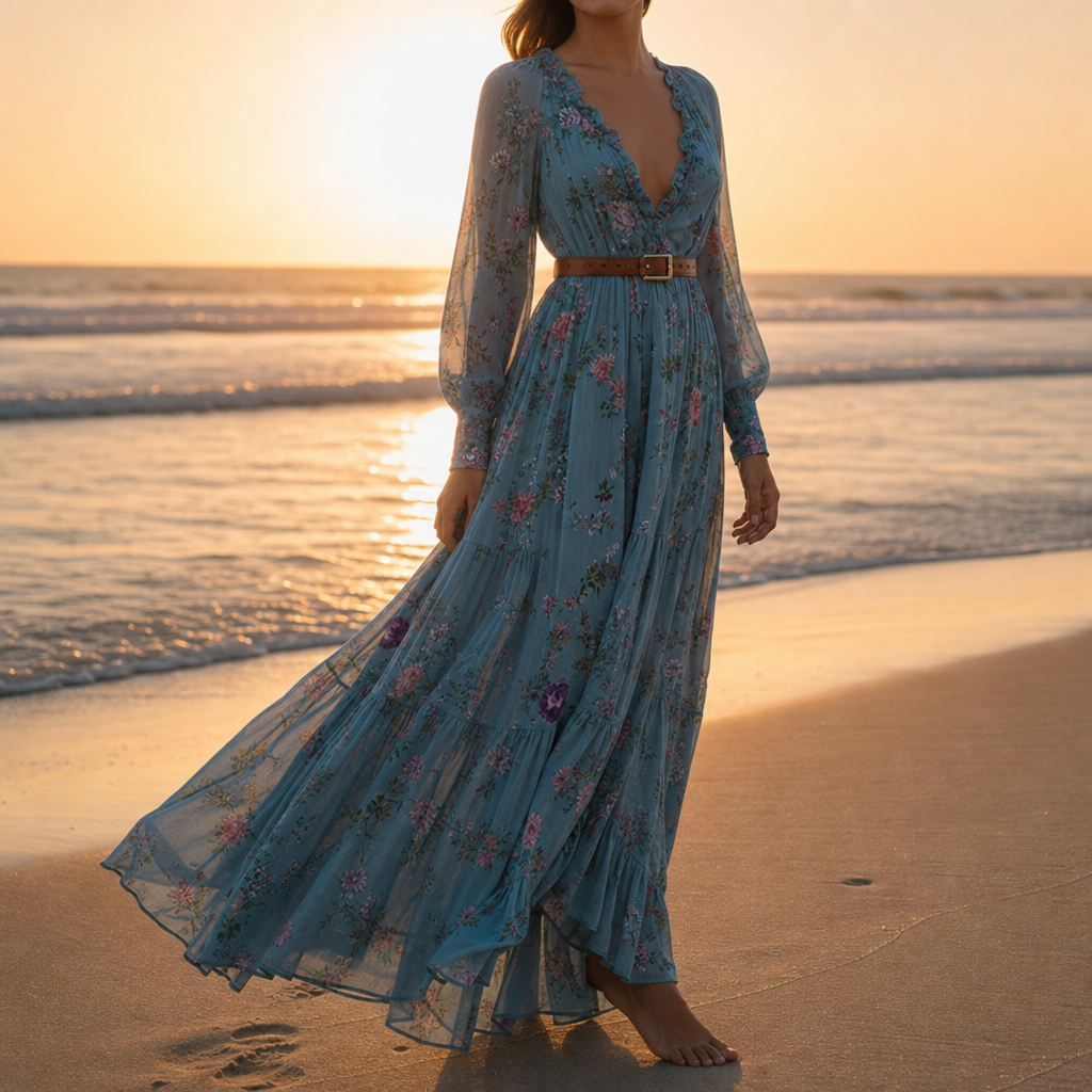 Women's Embroidered Boho Maxi Dress Viscose Blend Tiered Skirt – Amara