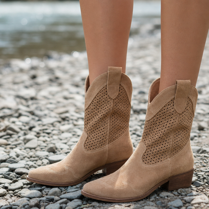 Women's Western Boots Mid Calf Faux Leather Perforated – Marlowe