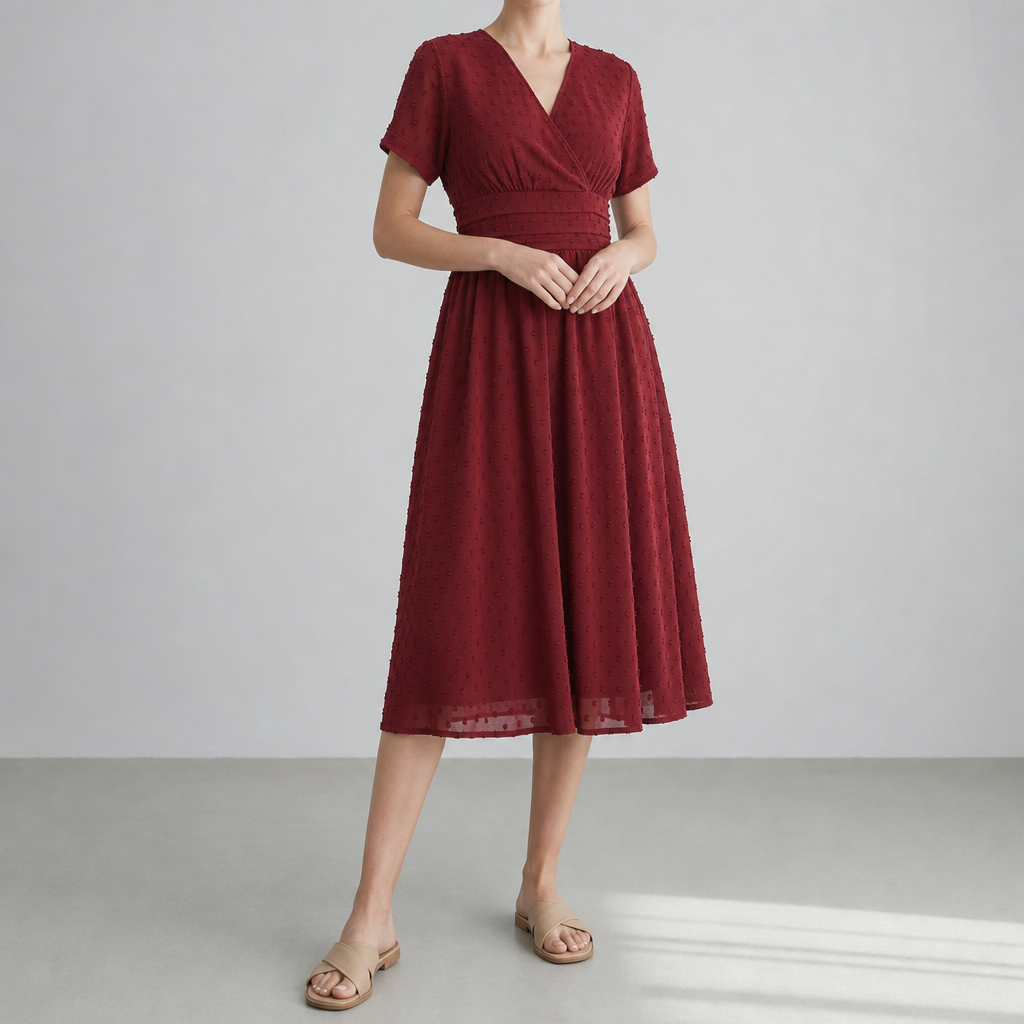 Women's Swiss Dot Wrap Midi Dress Pleated Waist V-Neck – Maren