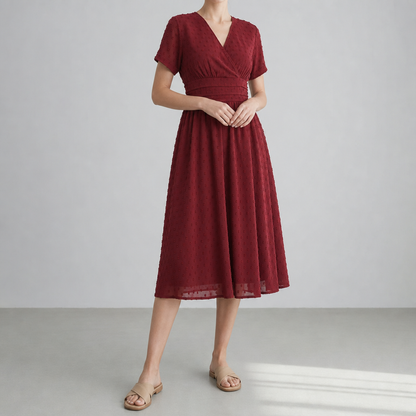 Women's Swiss Dot Wrap Midi Dress Pleated Waist V-Neck – Maren