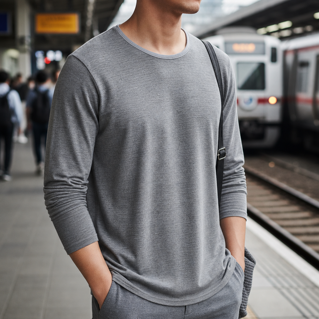 Long Sleeve Cotton Blend T-Shirt Crew Neck Solid Colour – Arlen