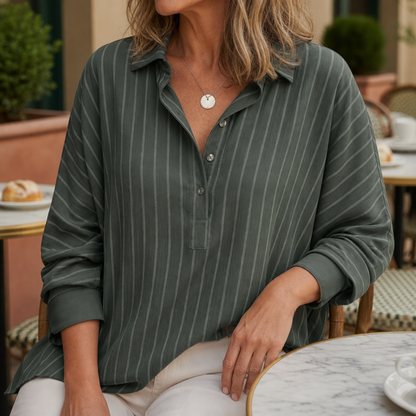 Striped Button-Up Blouse Long Sleeve Half-Placket – Maren