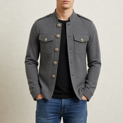 Cotton Stand Collar Button Jacket With Military Details – Arden