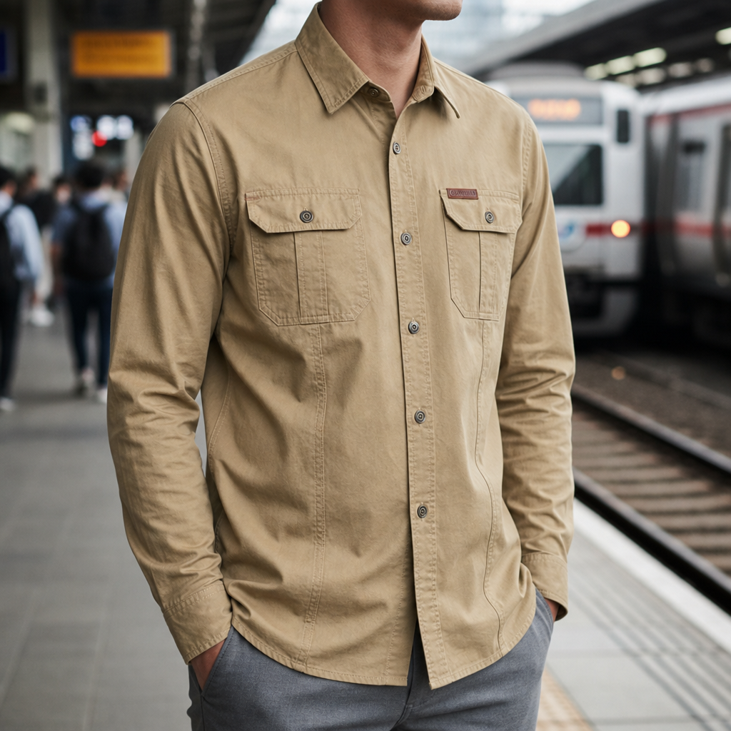 Men's Cotton Blend Long Sleeve Shirt Regular Fit Chest Pockets – Rowan