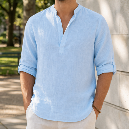Linen Henley Shirt with Roll Tab Sleeves – Soren