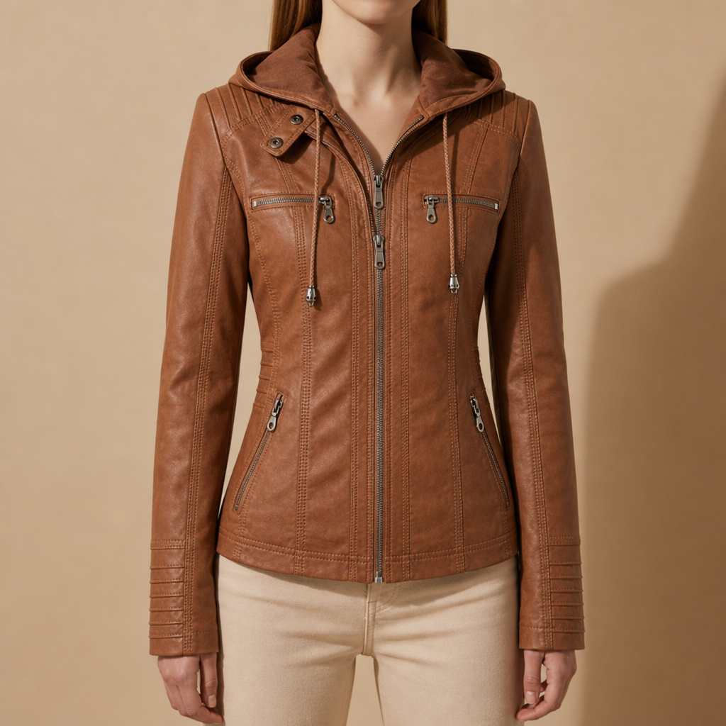Hooded Faux Leather Jacket for Women with Suede Texture – Elara