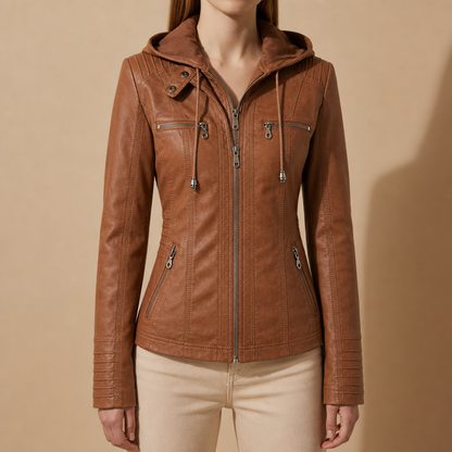 Hooded Faux Leather Jacket for Women with Suede Texture – Elara