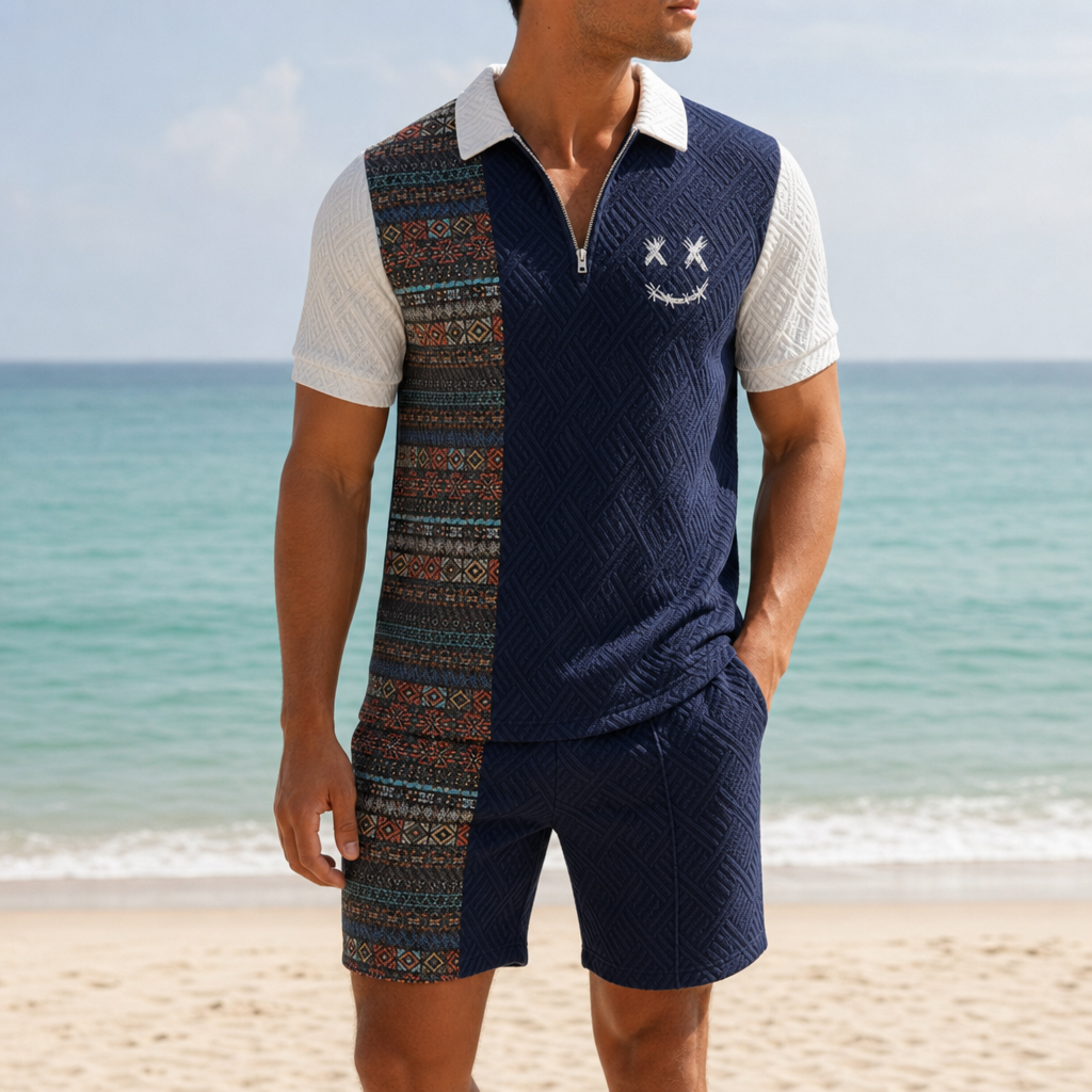 Cotton Blend Colorblock Polo Shorts Set With Smile Print – Mateo