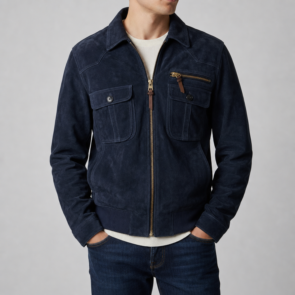 Faux Suede Bomber Jacket Retro Lapel Zippered Cuffs – Marlowe