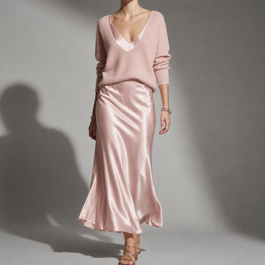 Women's Satin Midi Skirt And Cardigan Set Relaxed Fit – Marlowe