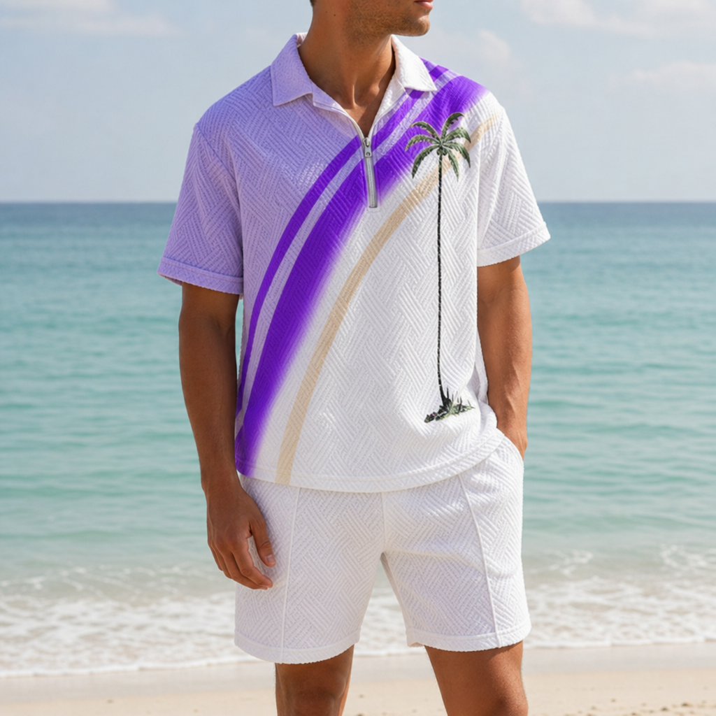 Men's Cotton Blend Palm Print Polo Co-Ord Tailored Shorts – Kai