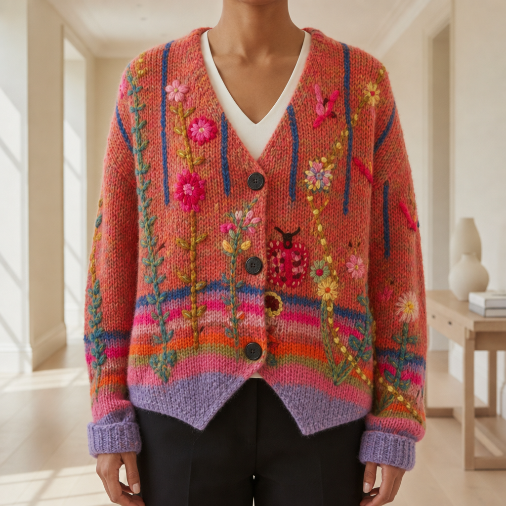 Women's Floral Embroidered Cotton Blend Cardigan Slim Fit – Elara