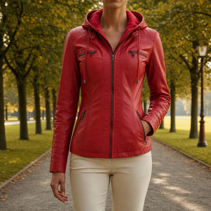 Leather Moto Jacket With Hood for Women Faux Leather Zip Front – Sienna