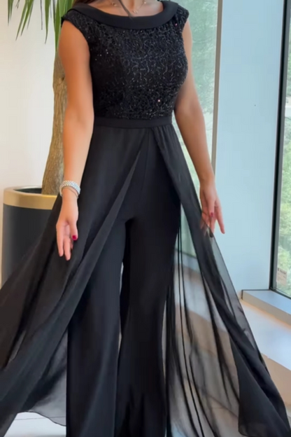Black Crew-Neck Textured Panel Tulle Jumpsuit for Evening