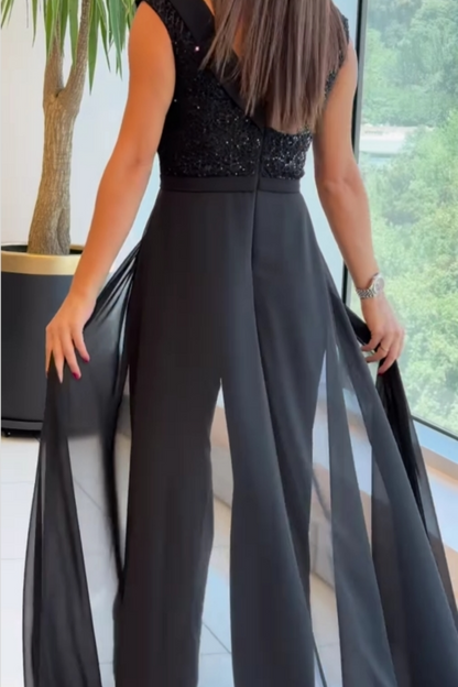 Black Crew-Neck Textured Panel Tulle Jumpsuit for Evening