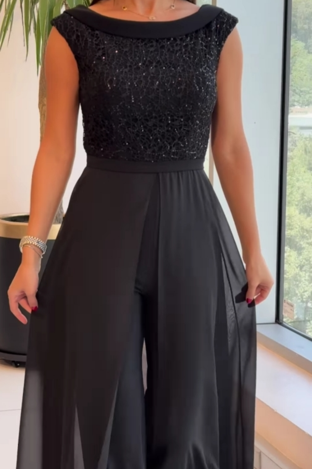 Black Crew-Neck Textured Panel Tulle Jumpsuit for Evening